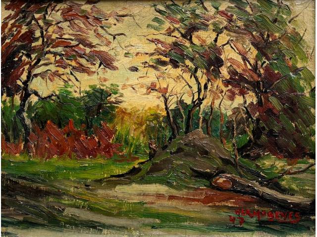 Hermógenes Gomes da Silva óleo sobre madeira 30 x 40cm "Floresta Queimada"  ass. CID datada 1947