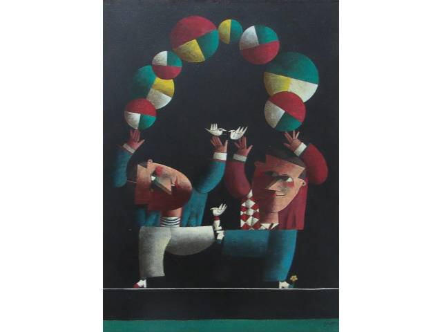 Inos Corradin óleo sobre tela 70 x 50 cm "Dois equilibristas" ass. CID e verso. Obra anos 80