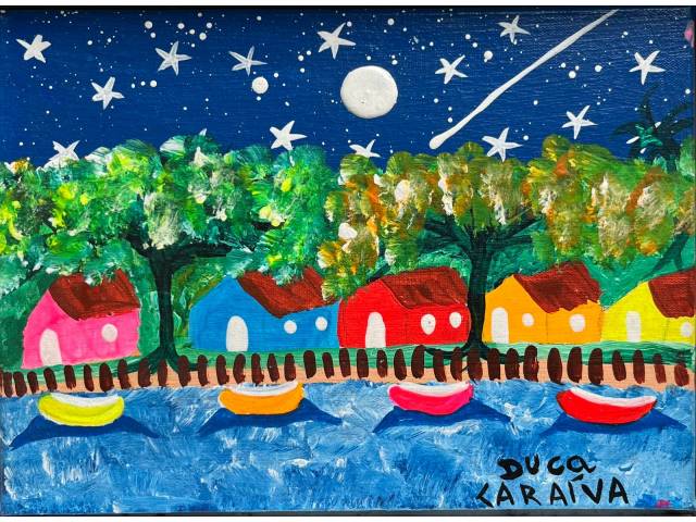 Duca Caraiva acrílica sobre tela 16 x 22 cm "Casas e Barcos" ass. CID