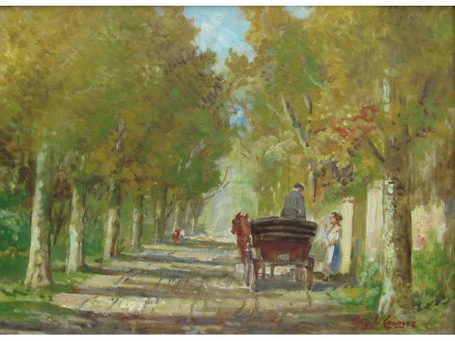 Ângelo Cannone óleo sobre Eucatex  30 x 40cm intitulada"La Carrozza a Posta" Ass. CID