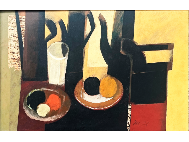 Carlos Scliar vinil e colagem sobre eucatex 65 x  100 cm intitulada "Grande natureza morta tranquila" ass CID datada 05/09/1967, Cabo Frio, RJ. Com etiqueta de exposição no Chile