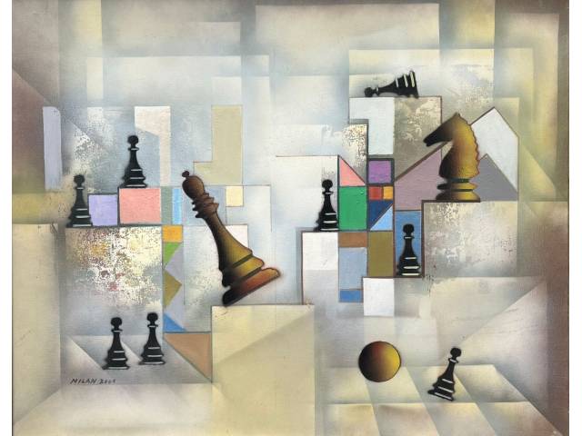 Milan Horvat acrílica sobre tela 80 x 100 cm "Xadrez" ass. CIE datada 2001