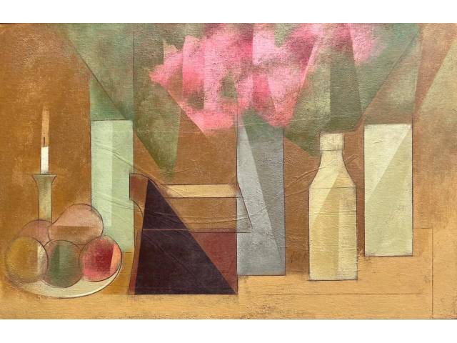 Carlos Scliar vinil e colagem encerado sobre tela  65 x 100cm intitulada "Natureza Morta com Ferro de Passar, Flores e etc." ass. Centro e verso datada 1985. Localizada Cabo Frio - RJ