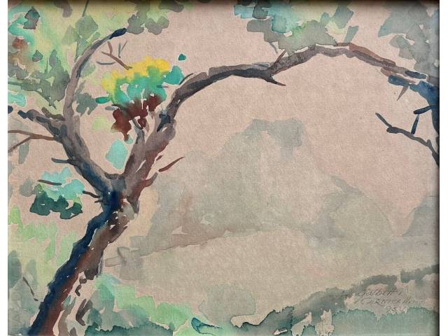 Mick Carnicelli aquarela sobre cartão 24 x 31cm “Paisagem” ass. CID datada 1954. Com dedicatória