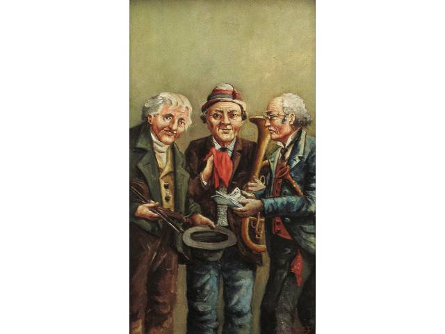 A. Bouvet  óleo sobre Eucatex 50 x 30 cm "Músicos" Ass. CID. Com cache no verso - Argentina