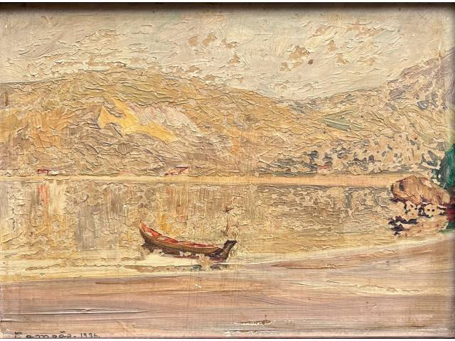 José Marques Campão óleo sobre Eucatex  15 x 20cm  "Vilarejo" Ass. CIE  datada 1936