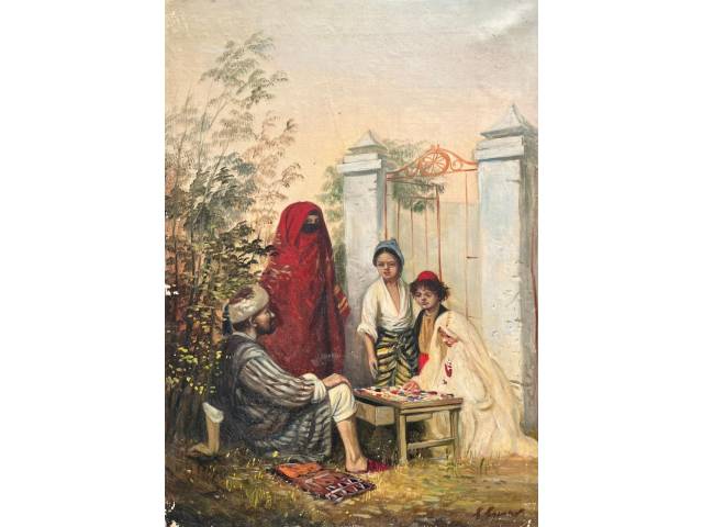 Enrique Eguren óleo sobre tela 70 x 50 cm "Jogo em Família" ass. CID - sem moldura/no estado