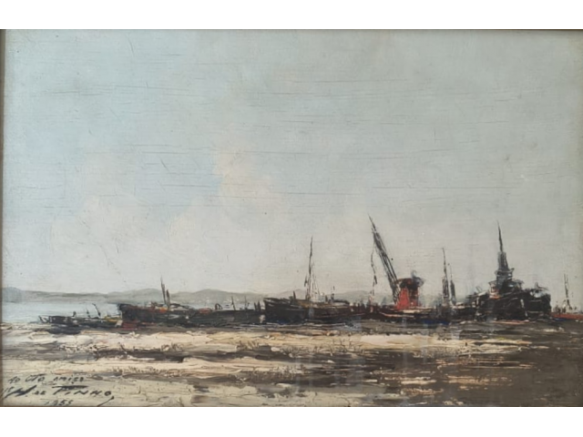 Heitor Pinho óleo sobre eucatex 26 x 40cm intitulada "Barcos na Praia" ass. CIE datada 1955. Assinado com dedicatória.