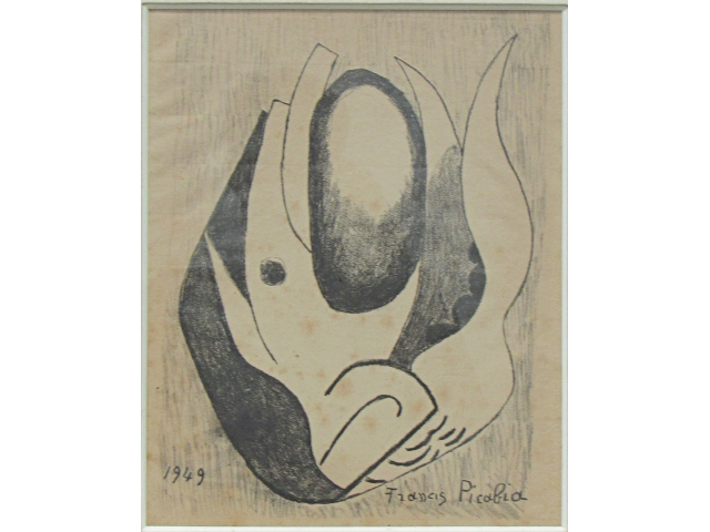 Picabia litografia sobre papel em preto e branco 30 x 23,5 cm "Sem título"  ass. CID datada 1949, do livro "Janela do caos", poemas de Mário Mendes, editado em Paris, em 1949