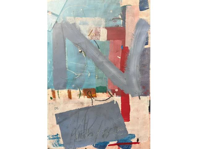 Vicente Kutka técnica mista sobre cartão 110 x 78cm intitulada "Enigma" ass. CI datada 1985. Com cache de exposição realizada na China no verso