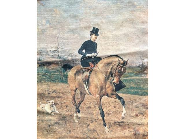 Tapeçaria com bordas em veludo representando a pintura de Giovanni Boldini "A Amazona" 60 x 45cm ass. CIE ilegível