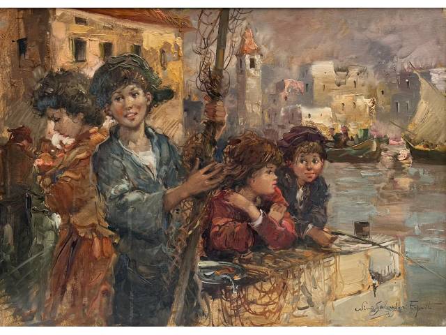Wina Salvatore Espírito óleo sobre tela 50 x 70 cm "Crianças Pescando no Porto" ass. CID
