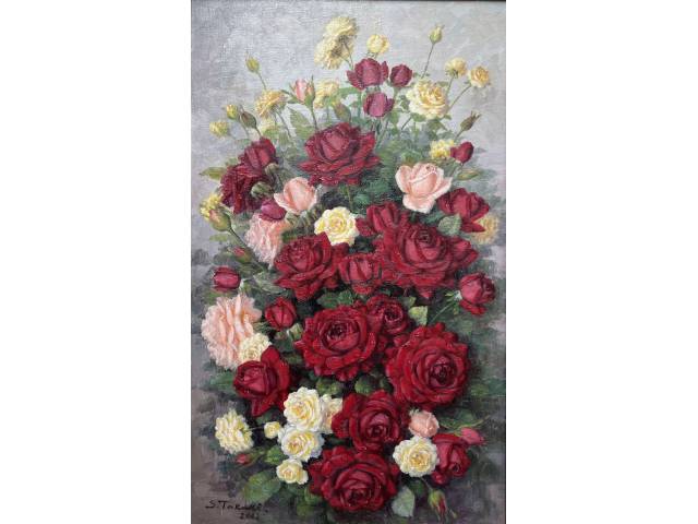 Shokichi Takaki óleo sobre tela 50 x 30cm "Rosas" ass. CIE e verso datada 2002-São Paulo.