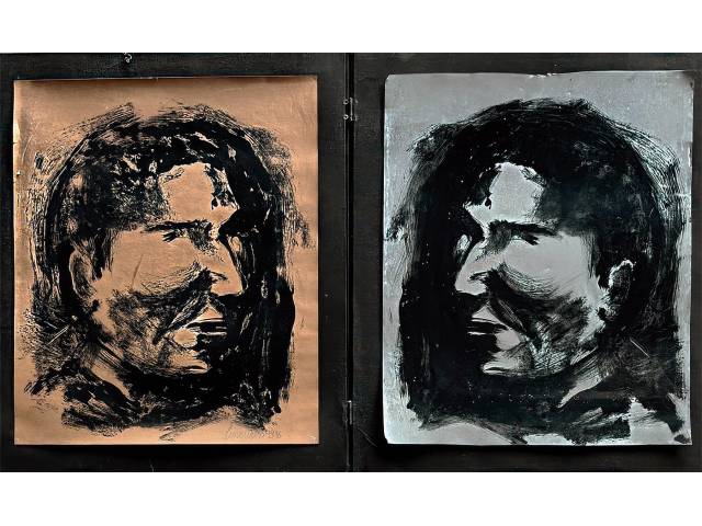 Lote 107 — Luise Weiss Diptico monotipia e seu original  em metal 40x35cm" Serie pequenos objetos" ass. CID datada 1996