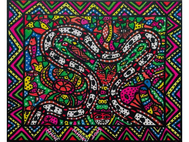 Bane Mahku(movimento do grupo de artistas Huni Kuin) óleo sobre tela 40x50 cm sem titulo ass. CIE datada 2023. Apresenta certificado da Carmo Johnson Projects