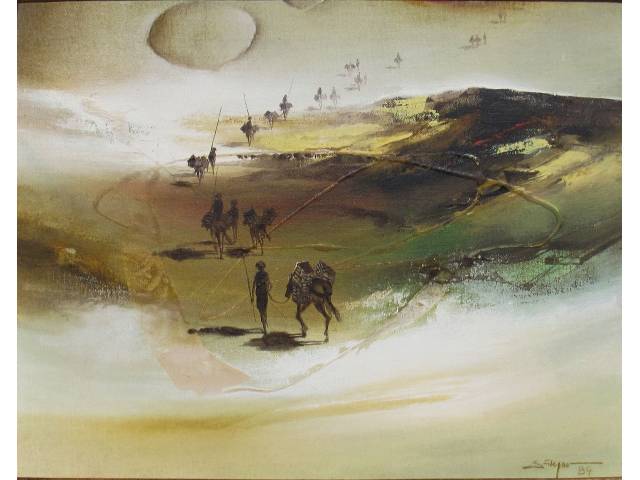 Satyro Marques  óleo sobre tela 33 x 41cm intitulada "Tropeiros - Série Regional" ass. CID datada 1984 -Rio de Janeiro. Obra nº060