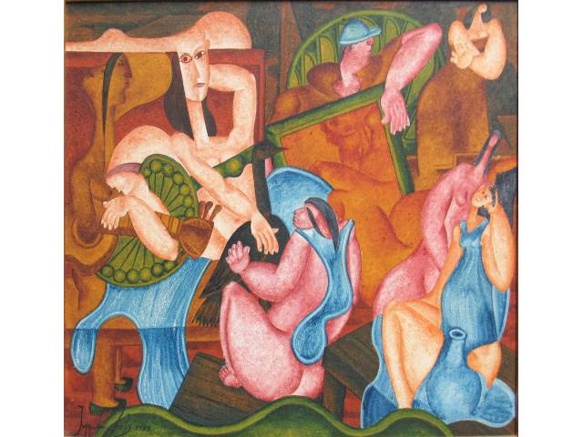 Ivan de Assis óleo sobre tela 60 x 70cm intitulada "Composição com mulheres, arte e natureza morta" ass. CIE e verso datada 1988