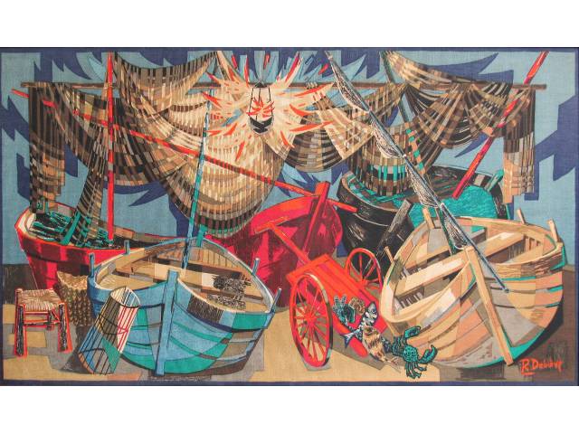 Robert Debieve rara serigrafia em tela da  tapeçaria francesa, 80 x 145 cm intitulada "Barques et Filet "ass. CID Década de 60