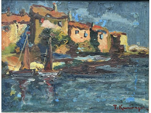 Tadashi Kaminagai oleo sobre tela 25x 35 cm "Marinha" assinada CID e verso