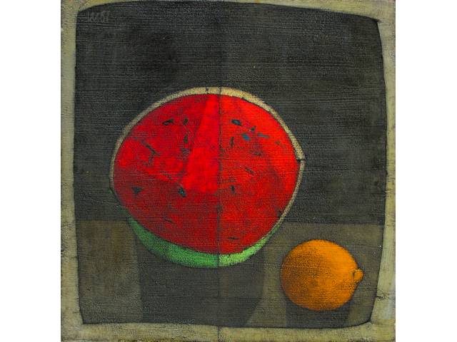 Lote 040 — Inos Corradin óleo sobre eucatex  60 x 56cm "Melancia" ass. CSE, datado década de 70, com certificado do artista.