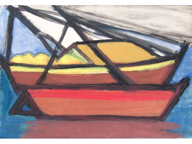Yeda Maria óleo sobre cartão 50 x 70cm intitulada "Canoas" ass. CID datada 1964. Sem moldura