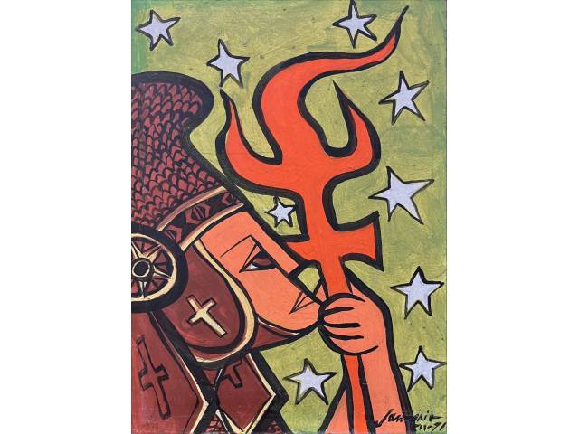 Sebastião Januário óleo sobre eucatex 22 x 16cm "Guardião do Sertão" ass. CID datada 1971