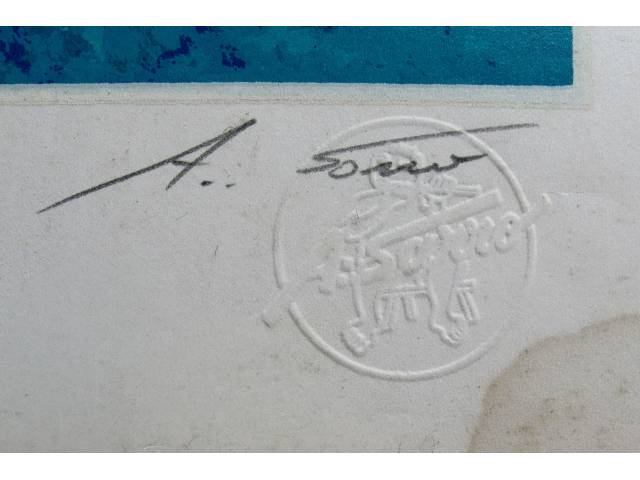 Lote 015 — Adélio Sarro gravura  54 x 71 cm "Tocando Estrelas" ass. CIE T. 65/180 moldura no estado com pequena mancha na base