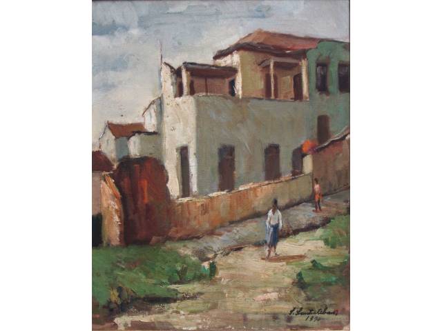 Salvador Santisteban óleo sobre tela  50 x 40 cm "Vilarejo" ass CID. datada 1970 .