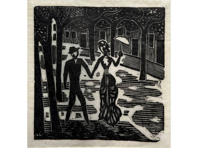 Axl Leskoschek xilogravura. Retrata trecho do livro "O Adolescente", tradução de Lêdo Ivo, edição de 1960, página 186 " - Ah! é assim minha pequena vaidosa! Muito bem! Liza, confessa-o francamente, riste de mim todo este mês?...