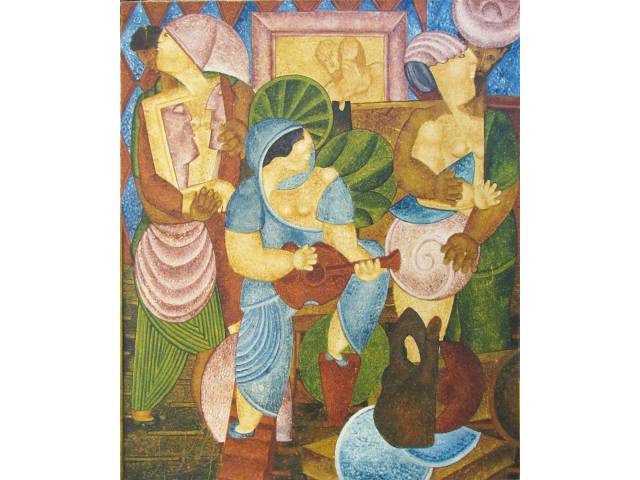 Ivan de Assis óleo sobre tela 70 x 65cm intitulada "Festin de Aniversário" ass. CIE e verso datada 1989