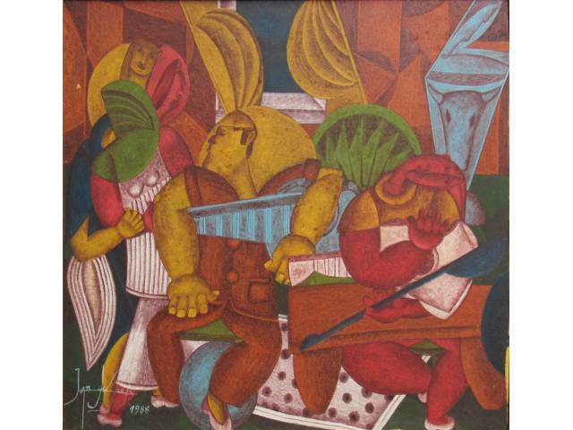Ivan de Assis óleo sobre tela 60 x 70cm intitulada "Sala de Solfejo" ass. CIE e verso datada 1988