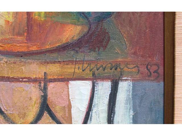 Lote 097 — José Moraes óleo sobre tela 50 x 50 cm intitulada "Composição com 3 ex-votos" ass. CID e verso datada 1983