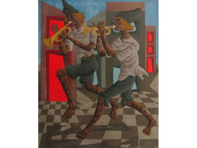 Clovis Graciano óleo sobre tela 90 x 65cm "Músicos" ass. CID e verso datada 1973