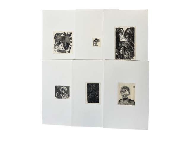 Conjunto de 6 xilogravuras que retratam trechos do livro "Os irmãos Karamázoni" tradução de Rachel Queiroz, 2º volume edição de 1961,parte 2 e  páginas 615, 637, 665, 684 e 703. Ass. Axl Leskoschek