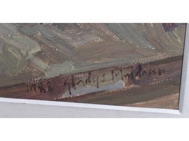 Lote 095 — Gladys Maldaun óleo sobre eucatex 70 x 50cm "Canto de Atelier" datada 1988. Com etiqueta no verso Sociarte 1988 - 7º Seleção de Artistas Contemporâneos.