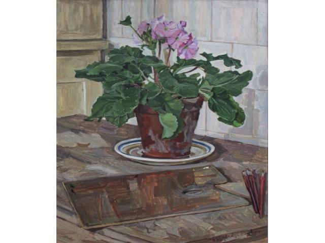 Gladys Maldaun óleo sobre eucatex 70 x 50cm "Canto de Atelier" datada 1988. Com etiqueta no verso Sociarte 1988 - 7º Seleção de Artistas Contemporâneos.