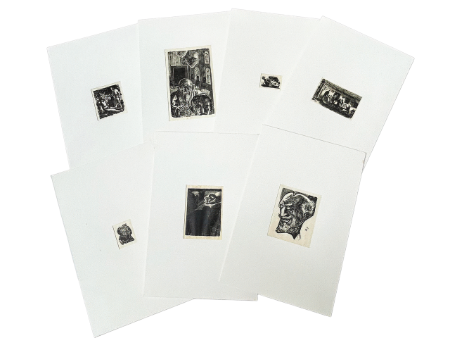 Conjunto de 7 xilogravuras que retratam trechos do livro "Os irmãos Karamázoni", tradução de Rachel de Queiroz, edição de 1961, páginas 751, 776, 788, 832, 854, 882 e 921.  Ass. Axl Leskoschek