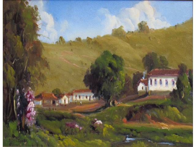 José Benigno Ribeiro óleo sobre tela 20 x 40cm intitulada " Fazendo São Pedro - Pedra MG" ass. CIE e verso datada 2002