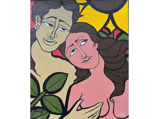 Lote 053 — Sebastião Januário óleo sobre tela 46 x 38cm intitulada "Amor Cigano" ass. CIE e verso datada 1997