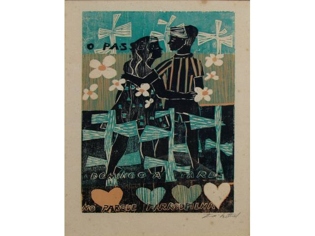 Zoravia Bettiol gravura 48x33 cm "Domingo a tarde o parque farroupilha" ass.  CID