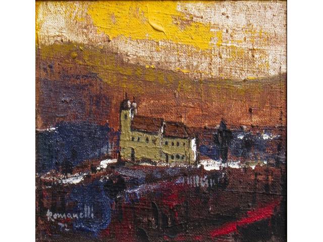 Romanelli óleo sobre eucatex 16 x 22 cm "Igreja" ass. CIE e verso datada 1972