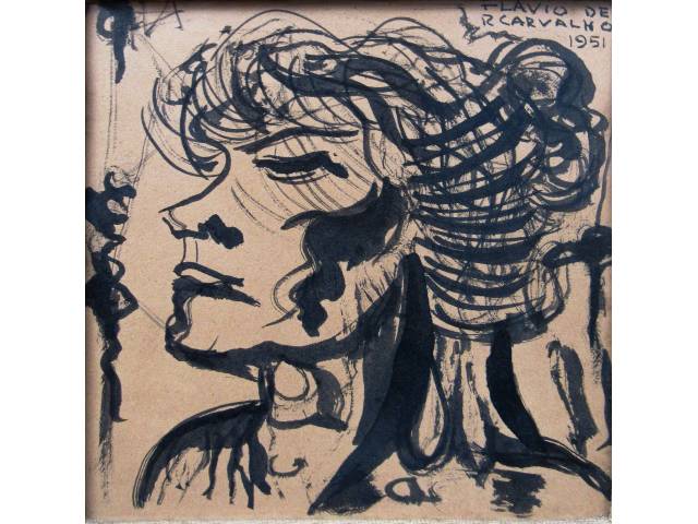 Flavio de Carvalho nanquim sobre cartão 15 x 15cm "Figura Feminina" ass. CSD datada 1951
