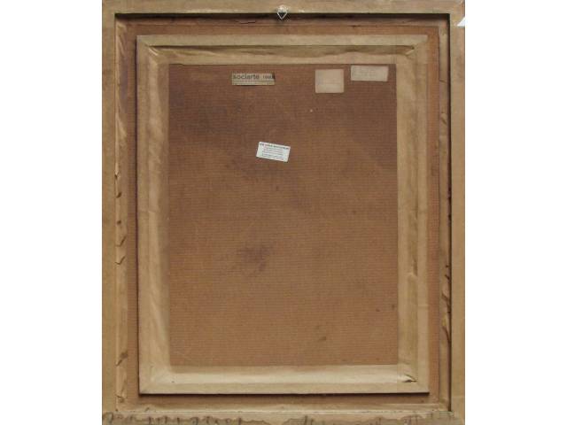 Lote 095 — Gladys Maldaun óleo sobre eucatex 70 x 50cm "Canto de Atelier" datada 1988. Com etiqueta no verso Sociarte 1988 - 7º Seleção de Artistas Contemporâneos.