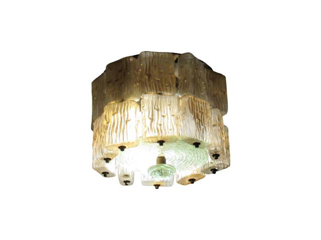 Dominicci Luminária Vintage Original dos anos 70  de teto redonda,  com placas de vidro transparentes , retangulares e trabalhadas circundando em dois andares toda  a volta do lustre. LUMINÁRIA EM USO !! Bom estado de conservação.