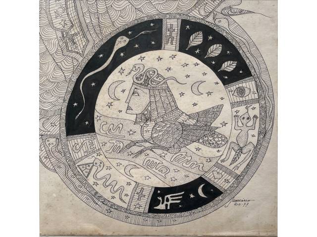 Lote 072 — Sebastião Januário desenho sobre cartão 30 x 30cm "Ciclos, Serpentes e Astros" ass. CID datada 1977