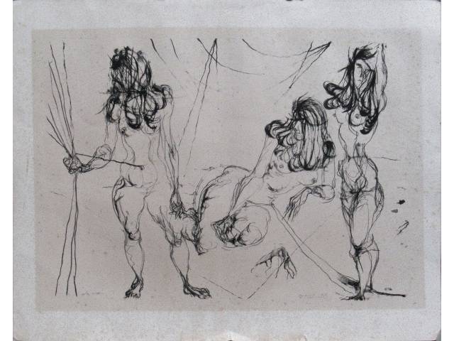 Flávio de Carvalho gravura 67 x 83 cm "Sem título" ass. CID e datado 1972 tiragem 4/4., apresentando pequenos fungos
