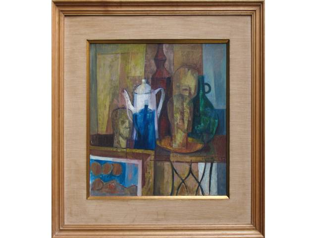 Lote 097 — José Moraes óleo sobre tela 50 x 50 cm intitulada "Composição com 3 ex-votos" ass. CID e verso datada 1983