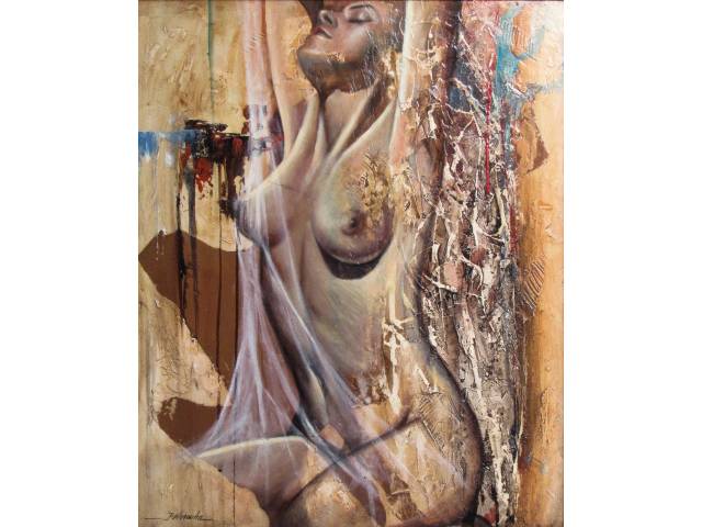 Lote 081 — Ronaldo Noronha técnica mista sobre eucatex 100 x 80cm "Nu Feminino" ass. CIE