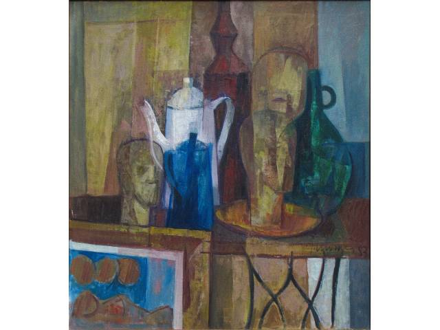 José Moraes óleo sobre tela 50 x 50 cm intitulada "Composição com 3 ex-votos" ass. CID e verso datada 1983