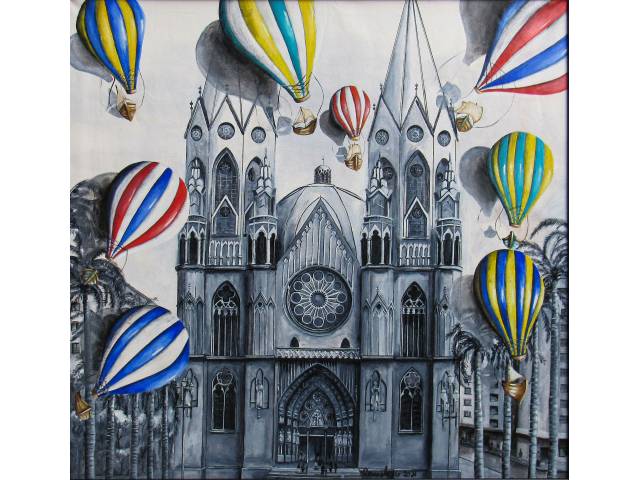 Rosangela Vig acrílica sobre tela  78 x 80cm intitulada "Balões sobre Igreja da Sé" ass. CI e verso datada 2026